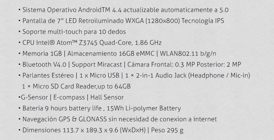 Modelo ME176CX • OS android 4.4 • CPU Quad Core 1.86 gHz • Pantalla 7 pulgadas (1280 x 800) • G-Sensor | E-compass | Hall Sensor