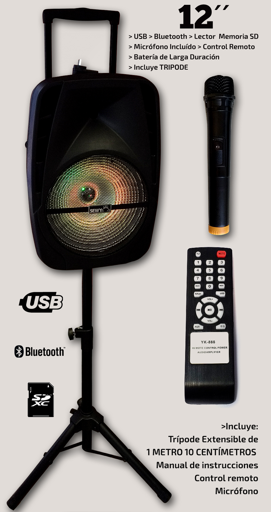 • USB > Bluetooth • Lector  Memoria SD • Micrófono Incluído • Control Remoto • Batería de Larga Duración • Incluye TRIPODE