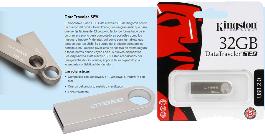 Modelo: DT SE9 - Flash Drive USB2.0 - Compatible con Mac y PC - 32GB de capacidad - Muy seguro - Facil transferencia de datos