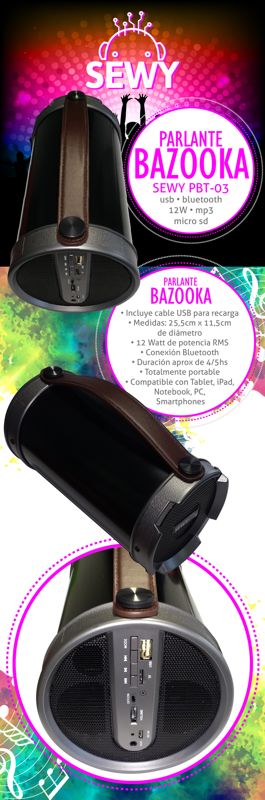 Parlante Bazooka Sewy PBT-03 12W USB MP3